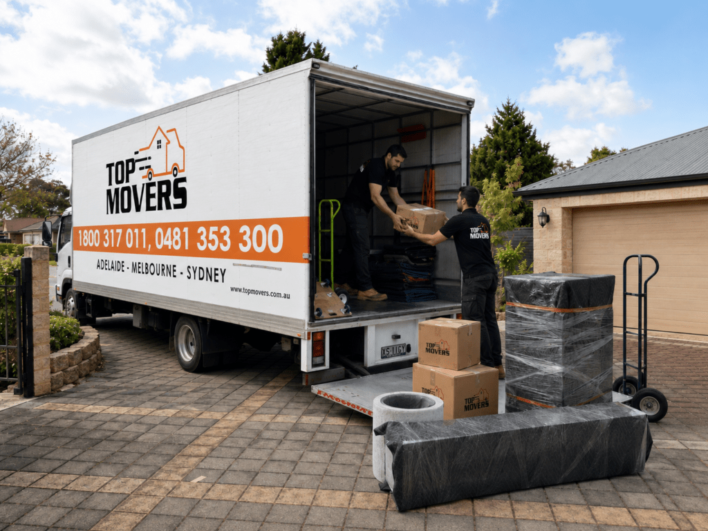 Top Movers Adelaide team loading furniture into a moving truck at a suburban home in Adelaide