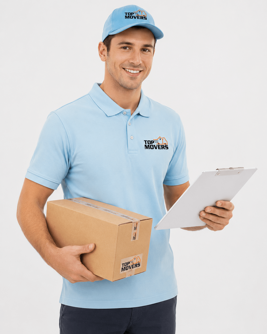 Top Movers Adelaide delivery worker holding a cardboard box and clipboard, wearing a branded uniform and cap on a clean light background.