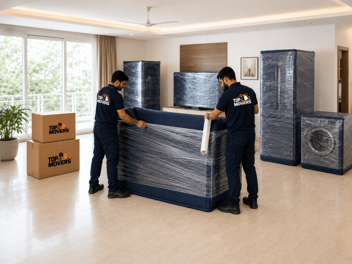 Top Movers Adelaide team wrapping furniture with moving blankets and cling wrap for packing and moving services in Adelaide