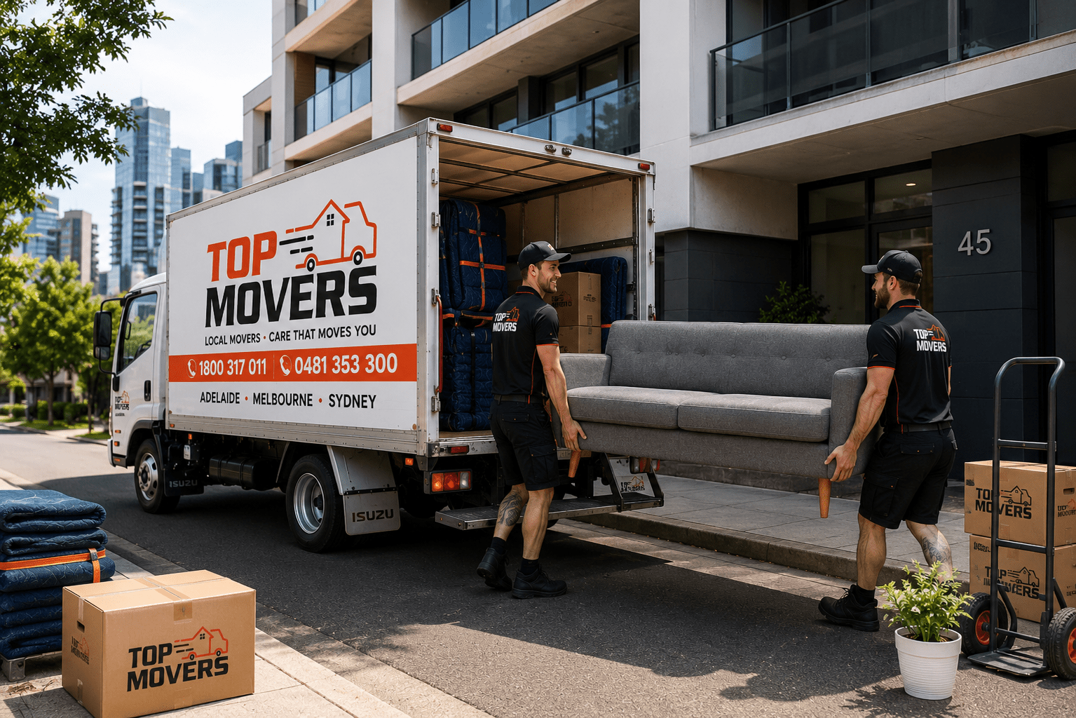 Apartment removalists Adelaide moving furniture with Top Movers branded truck